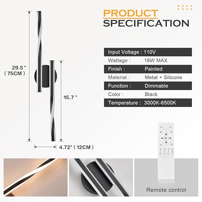 Modern LED Vanity Light Bathroom Black Wall Sconce with Remote Control Modern Bathroom Wall Lighting Fixtures Over Mirror for Bedroom Bedside, Dining Living Room, Hallway (30Inch 3000K-6500K)