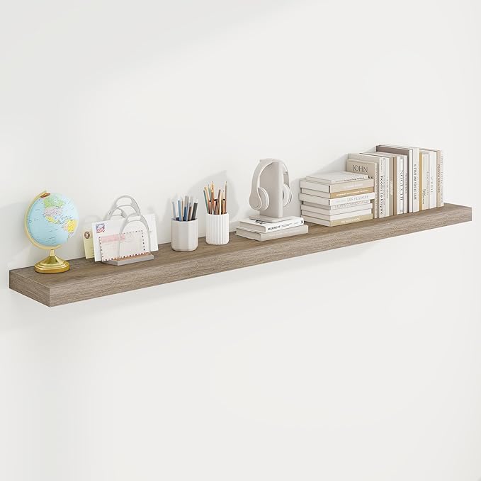 72in Floating Shelves for Wall, 72"W x 9.25"D x 1.5"H, Long Wall Mounted Engineered Wood Shelves with Invisible Brackets for Living Room, Bedroom, Bathroom, Kitchen Decor and Storage, Grey