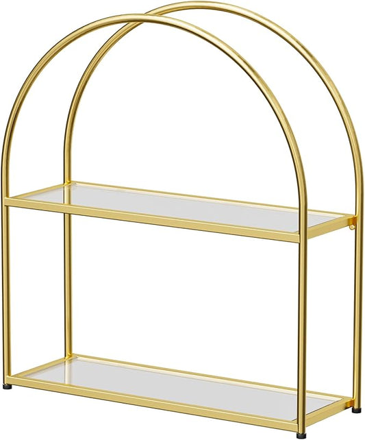 Crofy Gold Arched Frame Wall Shelf, Decorative 2 Tier Bathroom Wall Shelf with Transparent Tempered Glass Shelves and Robust Storage Capacity, 5.1" D x 17.9" W x 19.18" H