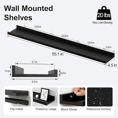 Long Floating Shelves for Wall Decor, Long Wall Mounted Storage Shelf for Bedroom, Living Room, Bathroom, Kitchen, Nursery, Display Picture Ledge Shelf with Lip Set of 2-56 Inches, Black