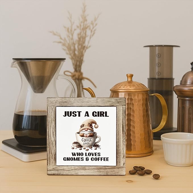 Coffee Bar Decor, Just a Girl Who Loves Gnomes & Coffee Wooden Box Sign, Funny Gnome Wooden Block Sign, Bar Decorations for Home, Rustic Wood Table Top Decor 5.9×5.9 inch