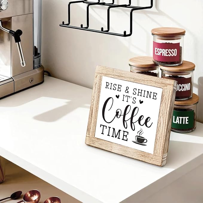 Wooden Coffee Sign Rise & Shine It's Coffee Time Farmhouse Coffees Bar Signs Rustic Wooden Sign Handmade Kitchen Wall Art Coffees Plaque for Home Office Kitchen Decoration 5.9x5.9 inches