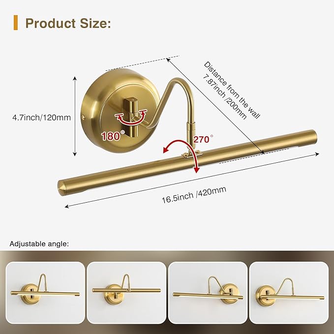 Modern LED Picture Light Hardwired, 16.5 Inch Dimmable Gallery Art Light with 270° Rotatable Lamp Head, Brass Wall Sconce for Paintings Display, 3000K Warm White, Metal Swing Arm Art Lamp for Mirror