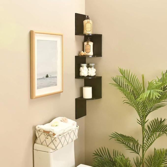 WELLAND Zig Zag 4 Tiers Black Finished Floating Shelf,Wall Mounted Corner Wall Shelf for Bed Room,Living Room,Kitchen and So on