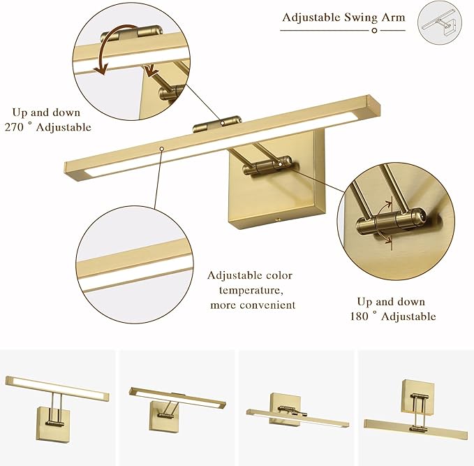Hardwired Picture Light Brass Dimmable Modern LED Light for Pictures 15.7 Inch Long Swing Arm Art Lighting for Paintings Warm White 3000K Gallery Wall Light