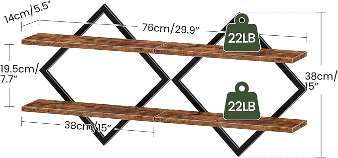 Floating Shelves, Set of 2 Wall Shelves, 2-Tier Hanging Shelves, Wall Shelf Set of 2, Wall Mounted Shelves, for Living Room, Bedroom, Kitchen, Office, Study, Rustic Brown TBJ01P2BF