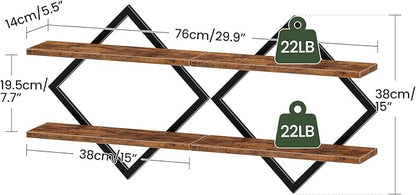 Floating Shelves, Set of 2 Wall Shelves, 2-Tier Hanging Shelves, Wall Shelf Set of 2, Wall Mounted Shelves, for Living Room, Bedroom, Kitchen, Office, Study, Rustic Brown TBJ01P2BF