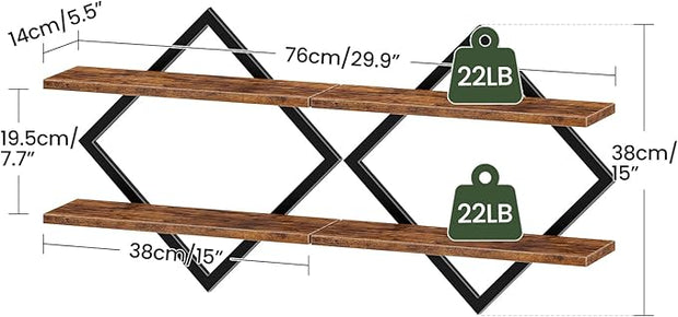 Floating Shelves, Set of 2 Wall Shelves, 2-Tier Hanging Shelves, Wall Shelf Set of 2, Wall Mounted Shelves, for Living Room, Bedroom, Kitchen, Office, Study, Rustic Brown TBJ01P2BF
