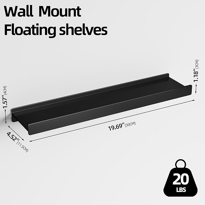 Floating Shelves for Wall, Wall Mounted Shelves with Lip for Storage, Metal Display Shelves for Home Decor, Kitchen/Living Room/Bedroom/Bathroom Shelf, Black 20 inch 1 Pack