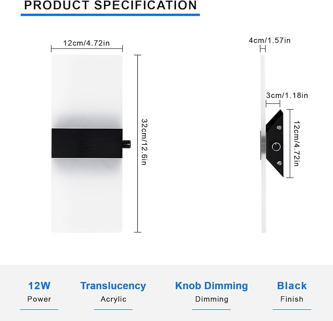 Lightess Modern Wall Sconce with Switch, Indoor Wall Light Dimmable, 12W Black Acrylic Wall Mounted Light Fixtures for Hallway Stairway Bedroom, Cool White, 1 Pack