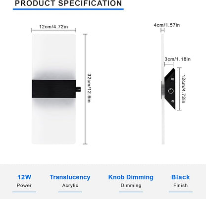 Lightess Modern Wall Sconce with Switch, Indoor Wall Light Dimmable, 12W Black Acrylic Wall Mounted Light Fixtures for Hallway Stairway Bedroom, Cool White, 1 Pack