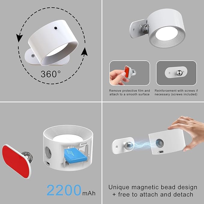 3Pack Battery Operated Wall Sconce, 3 Color Modes 3 Brightness Levels 360°Rotation Lighting Timer Touch & Remote Control, Wall Mounted Lamp LED Wall Lights for Bedroom Reading Bedside (White)