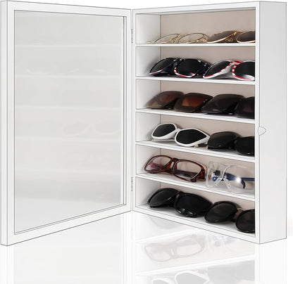 TJ.MOREE Sunglasses Organizer Storage Wall Mounted: 13 x 15.6 inches Eyewear Display Case Rustic Wood Eyeglasses Holder Large Glasses Storage Box,White
