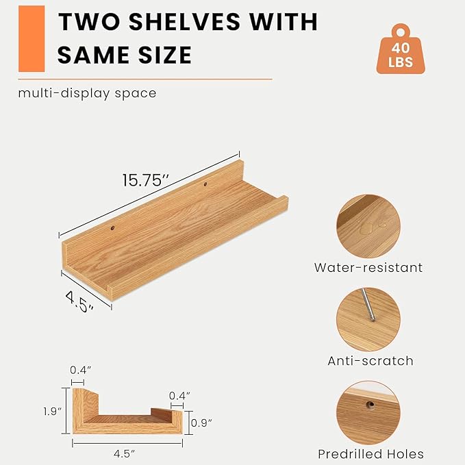 Heimlove Picture Ledge Shelf, Small Floating Shelves Set of 2, 16 Inches Picture Shelf for Wall with Ledge, Kids Bookshelf Wall Mounted for Living Room Bedroom Decor Books Photo Frames, Oak