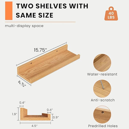 Heimlove Picture Ledge Shelf, Small Floating Shelves Set of 2, 16 Inches Picture Shelf for Wall with Ledge, Kids Bookshelf Wall Mounted for Living Room Bedroom Decor Books Photo Frames, Oak