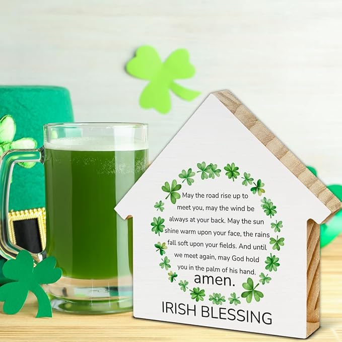 Irish Blessing Decor, St. Patrick's Day Decorations, Irish Gifts, Shamrock House Shaped Wood Block Sign, Home Decor for Desk Table Shelf, St Patricks Day Decorations