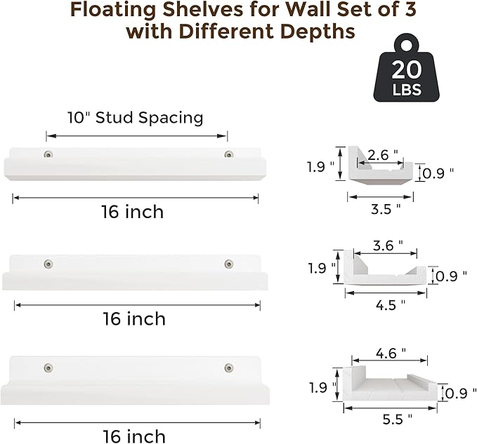 Floating Shelves for Wall, 16 inch Solid Wood Picture Ledge Shelf for Wall Storage, Nursery Book Shelves with Lip for Living Room Bathroom Bedroom Kitchen, Set of 3, Washed White