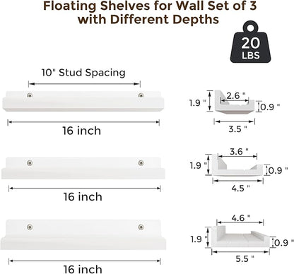Floating Shelves for Wall, 16 inch Solid Wood Picture Ledge Shelf for Wall Storage, Nursery Book Shelves with Lip for Living Room Bathroom Bedroom Kitchen, Set of 3, Washed White