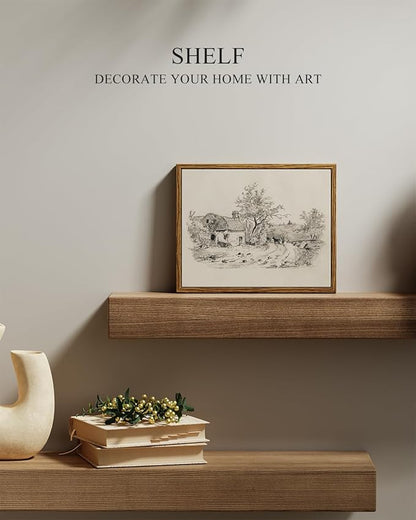 InSimSea Framed Canvas Print Art, Vintage Countryside Sketch Landscape Painting, Rustic Farmhouse Cottage Decor for Hallway Wall Floating Shelf Desk Vanity Fireplace,10x8in, Neutral Tones