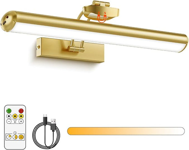 Picture Light for Wall with Remote, Wireless Battery Operated Wall Lights with 3 Colors Dimmable & Timer, 12.6" Rechargeable Metal Wall Sconce for Living Room, Artwork Gallery Display, Gold 1Pack