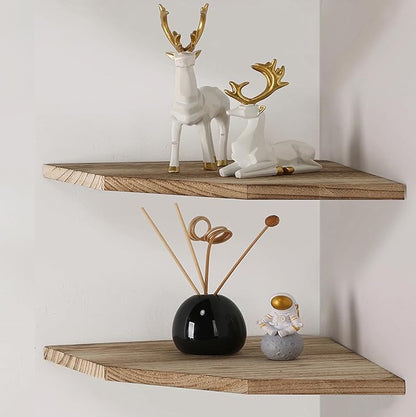 Corner Wall Shelves Set of 2, Rustic Wood Corner Floating Shelves with Cable raceway, Wall Mount Storage Display for TV Accessories, Baby Monitor, Speaker, Cable Box (Carbonized, Diamond- 10 Inch)