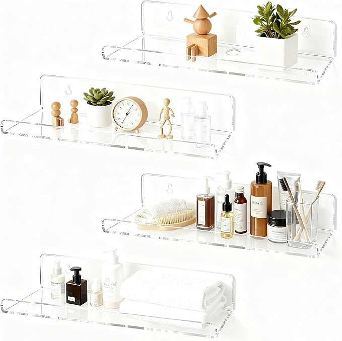 4-Pack Clear Acrylic Floating Shelves, Space-Saving Invisible Wall Shelves for Bathroom Kitchen Office Living Room, Modern Decor Set