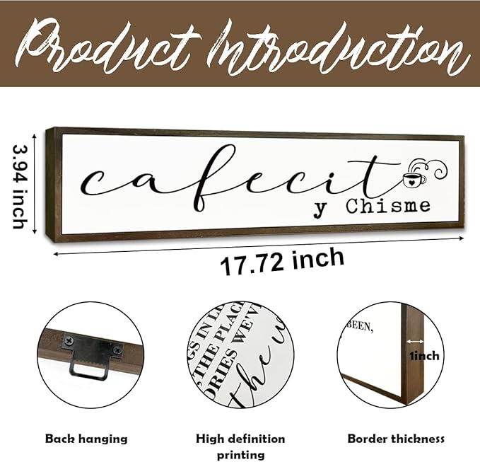 Funny Coffee Wood Sign, Coffees Bar Decoration, Rustic Coffee Station Decor, Home Kitchen Decors for Shelf, Friend Gift for Coffees Lover, Cafecito y Chisme Sign, 17.8x4x1.2 inches