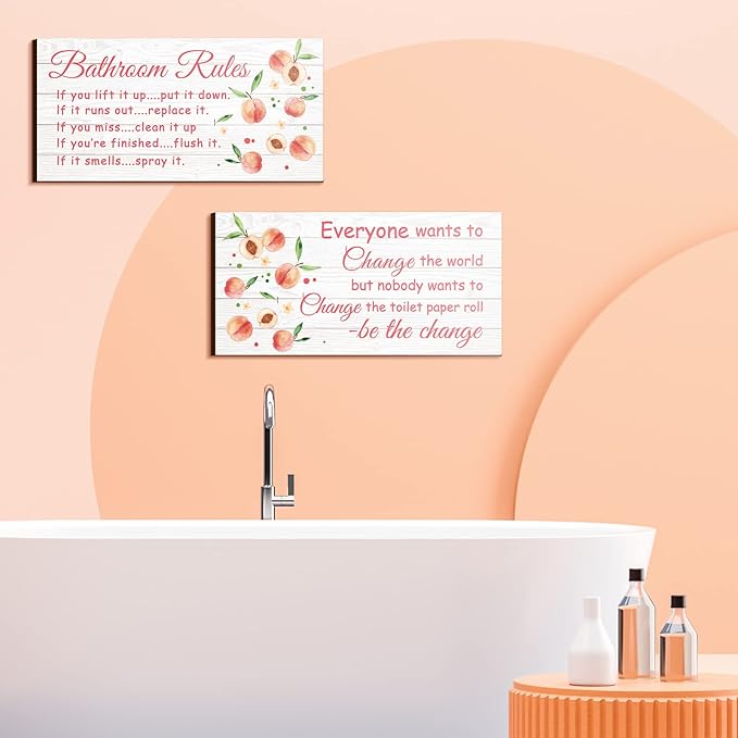 Jetec 2 Pieces Funny Bathroom Signs Bathroom Wall Decor Toilet Wall Accessories Farmhouse Toilet Rustic Wooden Signs, 12x6 Inch(Peach Style)