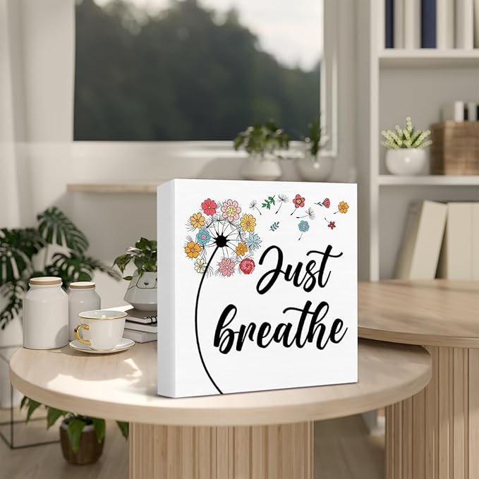 Inspirational Desk Decor - Spring Decorations for Home - Just Breathe Dandelion Wood Sign Home Office Desk Shelf Table Tabletop Decor 5×5 Inches