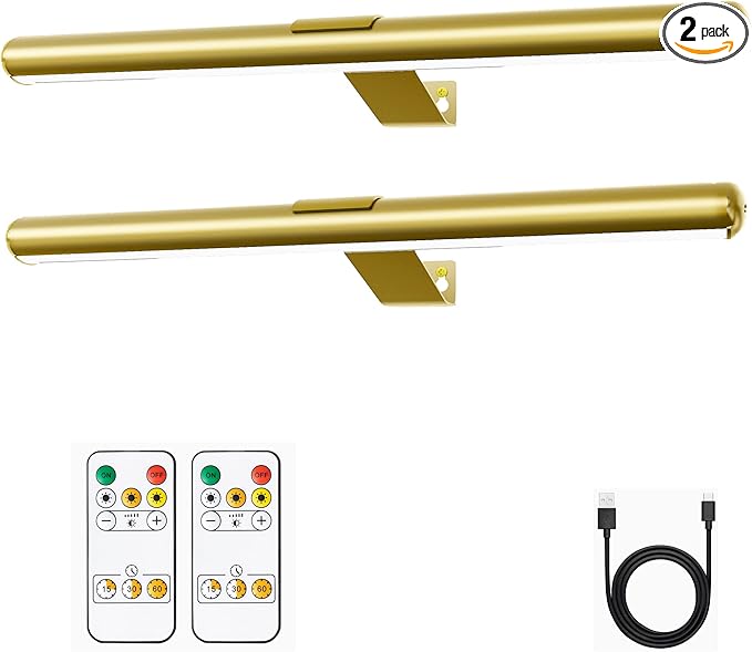 Battery Picture Lights 16 inch-2PACK , Wireless Rechargeable Painting Light for Art with Remote, Full Metal Led Picture Lights Dimmable Wall Light for Portraits, Dartboard, Gallery-Gold with Patent