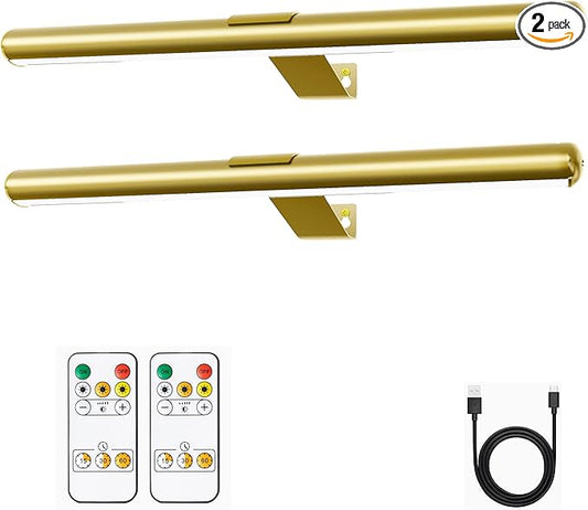 Battery Picture Lights 16 inch-2PACK , Wireless Rechargeable Painting Light for Art with Remote, Full Metal Led Picture Lights Dimmable Wall Light for Portraits, Dartboard, Gallery-Gold with Patent
