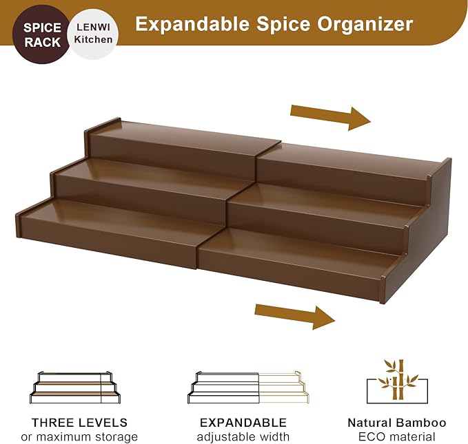 Spice Rack Organizer for Cabinet 2 Pack, 3 Tier Expandable Bamboo Spice Storage for Kitchen Cupboard Pantry, Brown