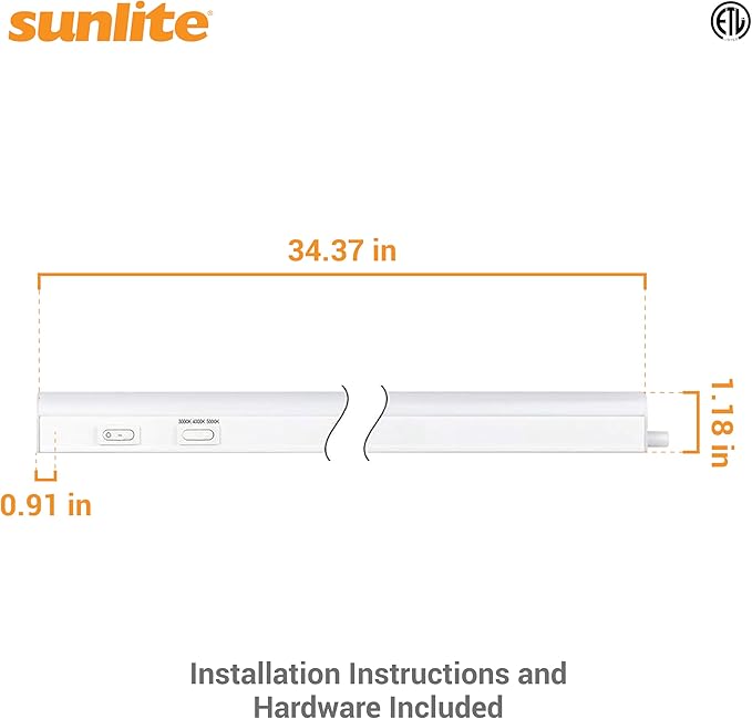 Sunlite LED Under Cabinet Lighting Plug in 34 Inch Linkable Under Counter Lights for Kitchen 12 Watts, 120 Volts, 1200 Lumens, Adjustable 3 CCT 3000K-5000K, 50,000 Hour Lifespan, ETL Listed LED Light
