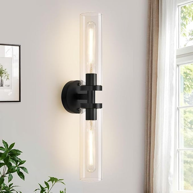 Matte Black Wall Sconces, Bathroom Sconces Wall Lighting with Clear Glass, Modern Sconces Wall Light fixtures for Bathroom Mirror Living Room Hallway Bedroom
