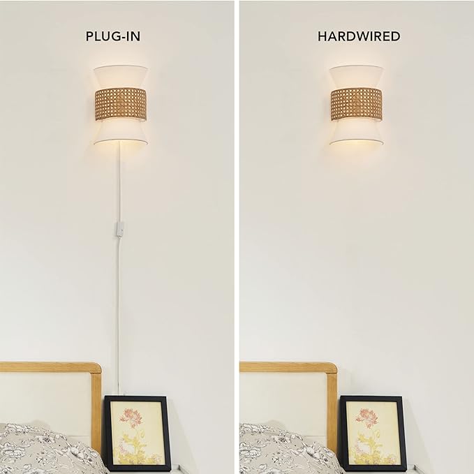 Globe Electric 65925 2-Light Plug-in or Hardwire Wall Sconce, Matte White Fabric Shade with Natural Rattan Accent, 6ft Braided Cord, in-Line Rocker Switch, Modern Lighting for Apartments or Renters