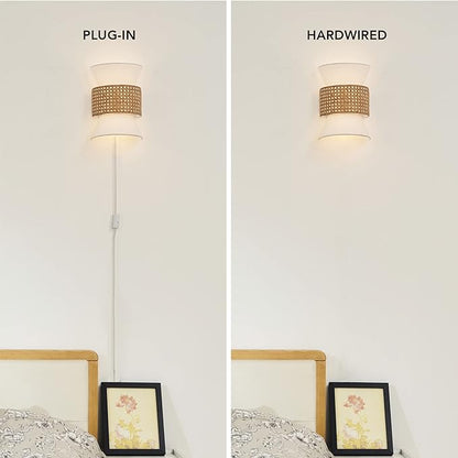 Globe Electric 65925 2-Light Plug-in or Hardwire Wall Sconce, Matte White Fabric Shade with Natural Rattan Accent, 6ft Braided Cord, in-Line Rocker Switch, Modern Lighting for Apartments or Renters