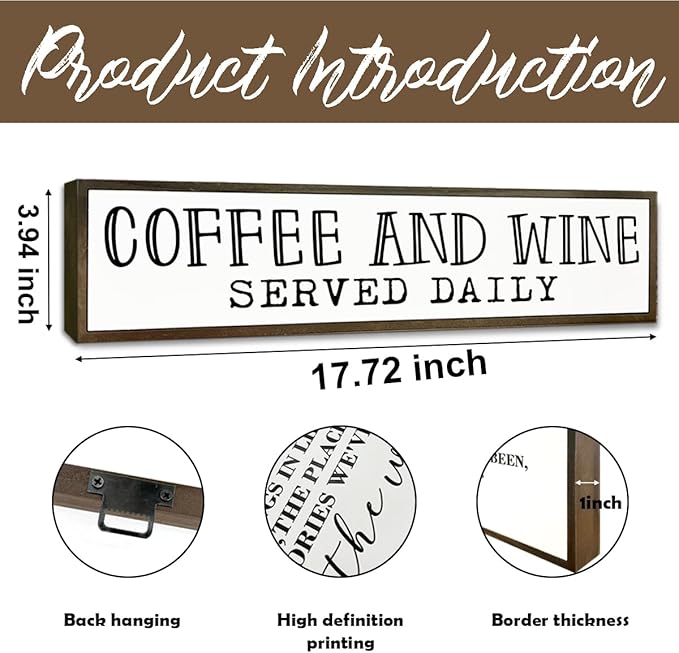 Coffee Bar Decor, Coffees Lover Home Kitchen Decor, Wood Decoration for Cafe Wine Bar Club, Decorative Wooden Table Sign, Coffee and Wine Served Daily Sign, 17.8x4x1.2 inches