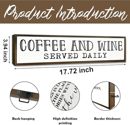 Coffee Bar Decor, Coffees Lover Home Kitchen Decor, Wood Decoration for Cafe Wine Bar Club, Decorative Wooden Table Sign, Coffee and Wine Served Daily Sign, 17.8x4x1.2 inches