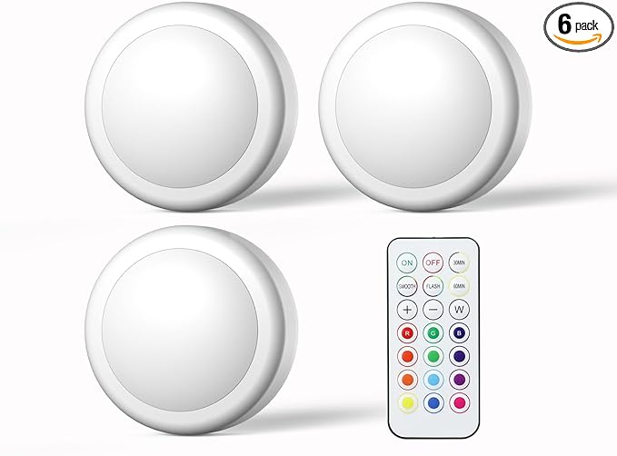 Battery Operated LED Puck Lights with Wireless Remote, 13 Color RGB - for Closet, Bedroom Wall, Under Cabinet, Battery Powered Push Lights. Convenient 3M Stick On(White, 3-Packs)