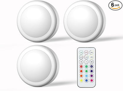 Battery Operated LED Puck Lights with Wireless Remote, 13 Color RGB - for Closet, Bedroom Wall, Under Cabinet, Battery Powered Push Lights. Convenient 3M Stick On(White, 3-Packs)