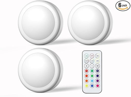 Battery Operated LED Puck Lights with Wireless Remote, 13 Color RGB - for Closet, Bedroom Wall, Under Cabinet, Battery Powered Push Lights. Convenient 3M Stick On(White, 3-Packs)