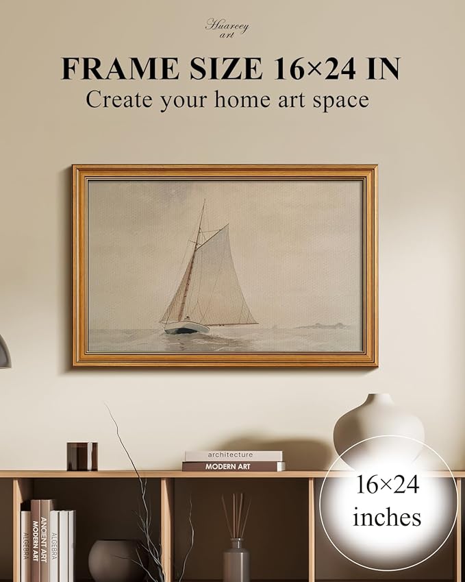HUARCEY Gold Framed Vintage Wall Art for Living Room, Seaview Painting Prints Shelf Decor for Kitchen, Aesthetic Bedroom Large Wall Art, Gifts for Friends or Family (White Sailboat - 16