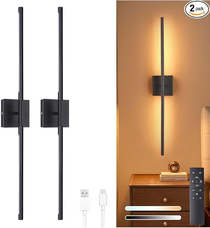 Battery Operated Wall Sconce Set of 2, 10400mAh Rechargeable Wall Lights, 3000K-6000K Dimmable, 350°Rotate, Indoor Wall Sconces with Remote for Bedroom Living Room Bathroom, Black, 31.5 Inch