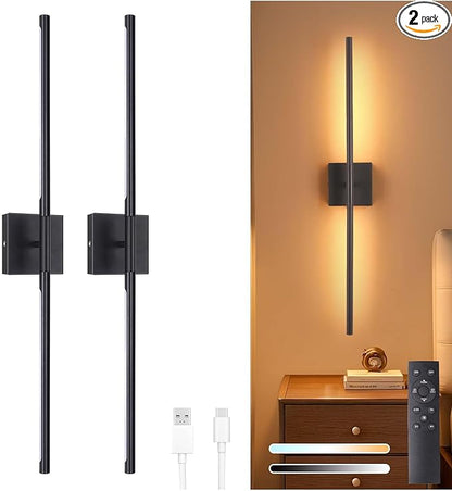 Battery Operated Wall Sconce Set of 2, 10400mAh Rechargeable Wall Lights, 3000K-6000K Dimmable, 350°Rotate, Indoor Wall Sconces with Remote for Bedroom Living Room Bathroom, Black, 31.5 Inch
