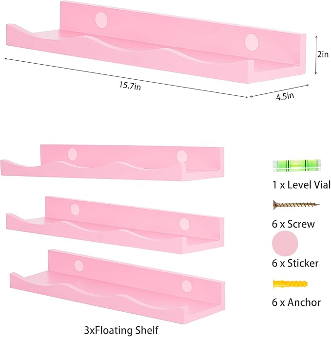 AZSKY Floating Bookshelf for Kids, Floating Shelves for Wall Cloud Picture Ledge Shelf Pink 16 Inches Nursery Book Shelves Set 3, Baby Book Shelf for Kids Room, Toddler Room, Baby Room, Nursery Decor