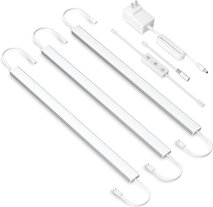 Under Cabinet Lighting Plug In. 3 PCS 12 Inches Likable Ultra Thin Bright Light Bars. Dimmable 14W LED Kit for Kitchen Under Cabinets Countertop Workbench Counter Shelf Closets Daylight 5000K