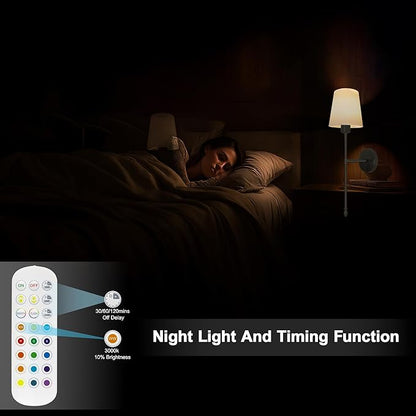 Battery Operated Wall Sconce Set of 2, Wireless Wall Sconce with Rechargeable Bulbs and Remote, 15 Colors & Dimmable, Black Sconces Wall Decor for Bedroom Living Room Hallway