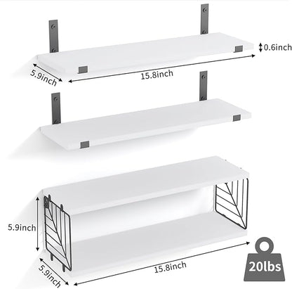 Fixwal 3+1 Tier Bathroom Floating Shelves Over Toilet, 15.8in Farmhouse Rustic Wood Shelves, Wall Decor for Bathroom, Living Room,Bedroom and Kitchen (White)