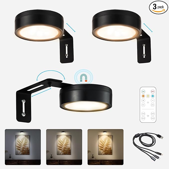 3 Pack Black Picture Lights for Wall,Rechargeable Battery Operated Picture Frame Light, LED Wall Lights for Pictures with 3 Lighting Modes,Magnetic Art Display Light with Remote Dimmable Timer