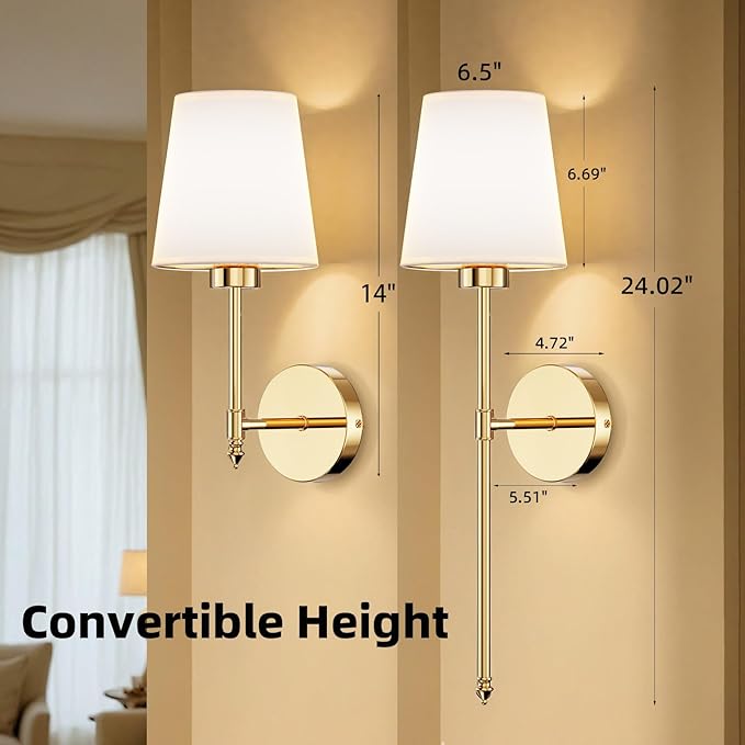 Wall Sconces Battery Operated Set of 2, Rechargeable Wall Sconce, 10 Colors Wireless Wall Sconces Set of Two, 5200mAh Dimmable Bulbs and Remote, for Bedroom Living Room, Hallway Decor (Gold - 24 inch)